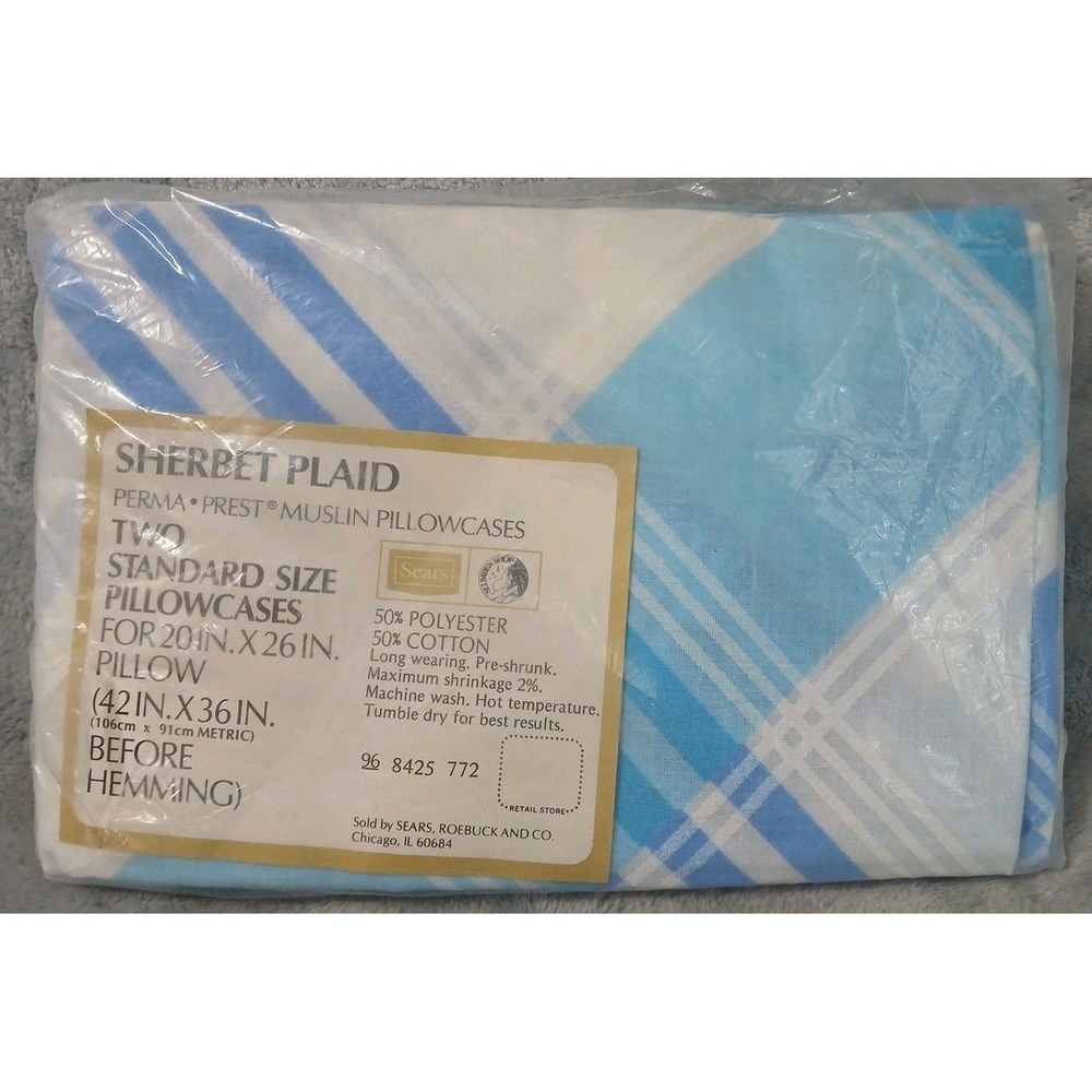2 Vtg Sears Pillowcases Blue‎ Sherbet Plaid Perma Prest Muslin Standard Size NOS